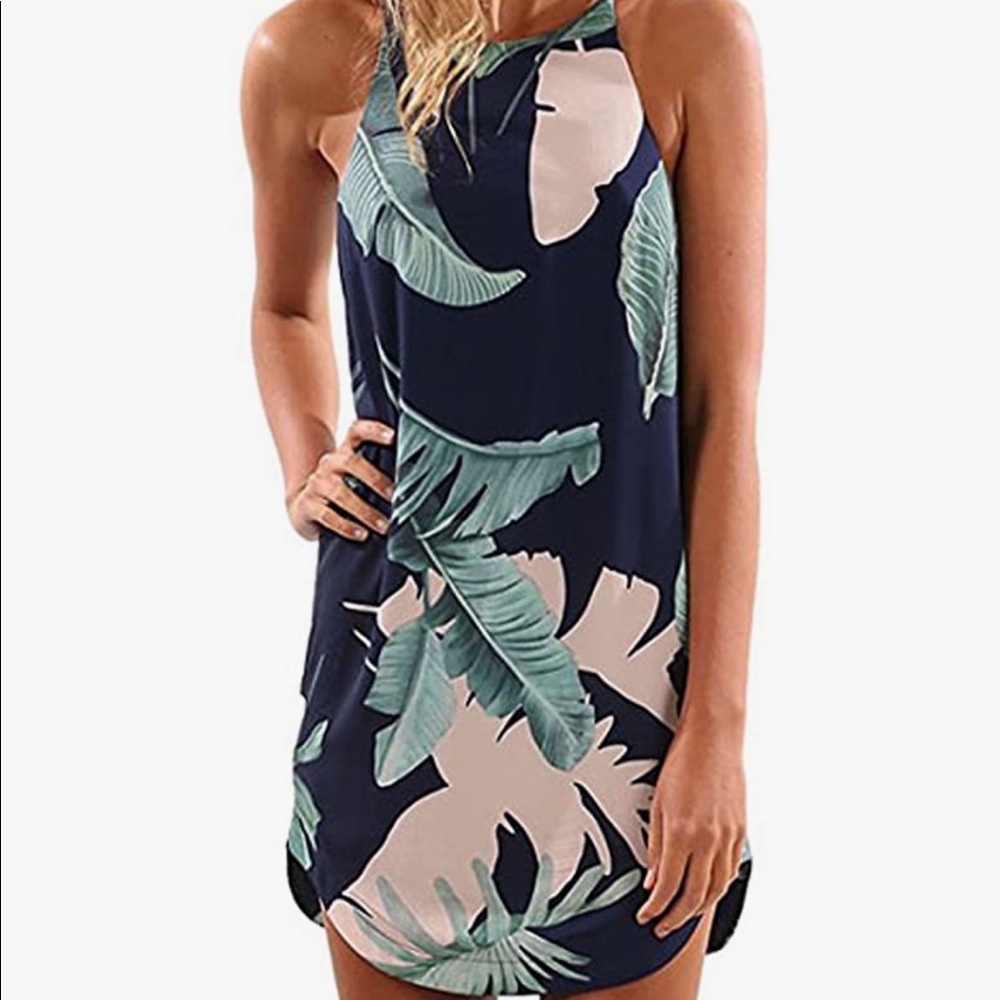 Womens Halter Palm Leaf Casual Summer Sun Dress